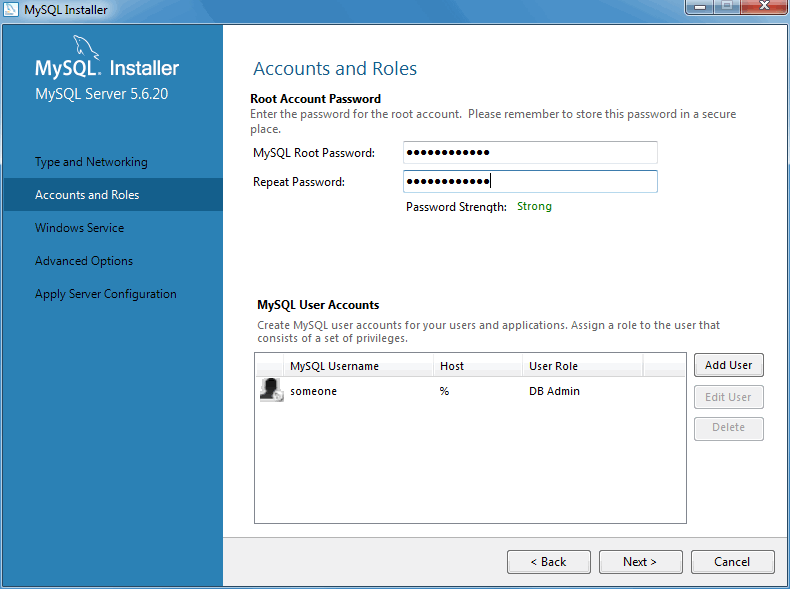 MySQL Installer - MySQL Server Configuration: User Accounts and Roles