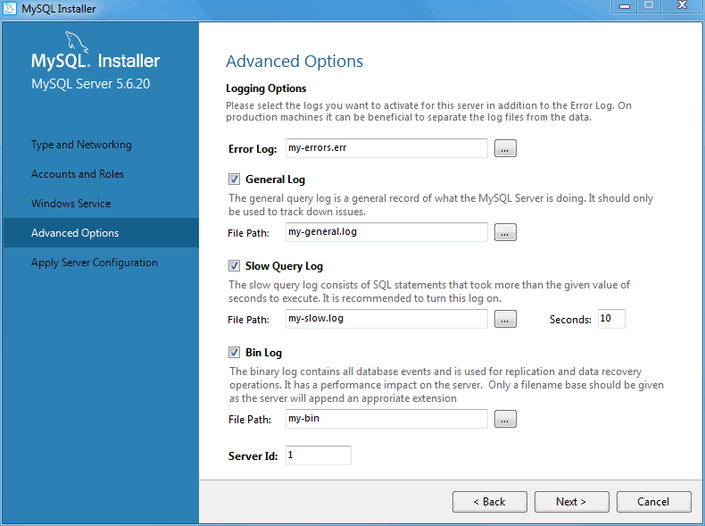 MySQL Installer - MySQL Server Configuration: Logging Options