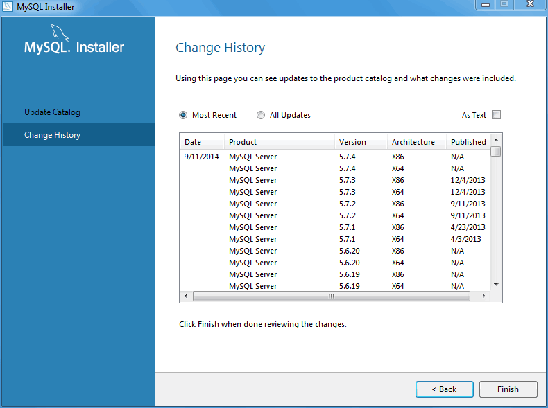 MySQL Installer - Catalog Change History