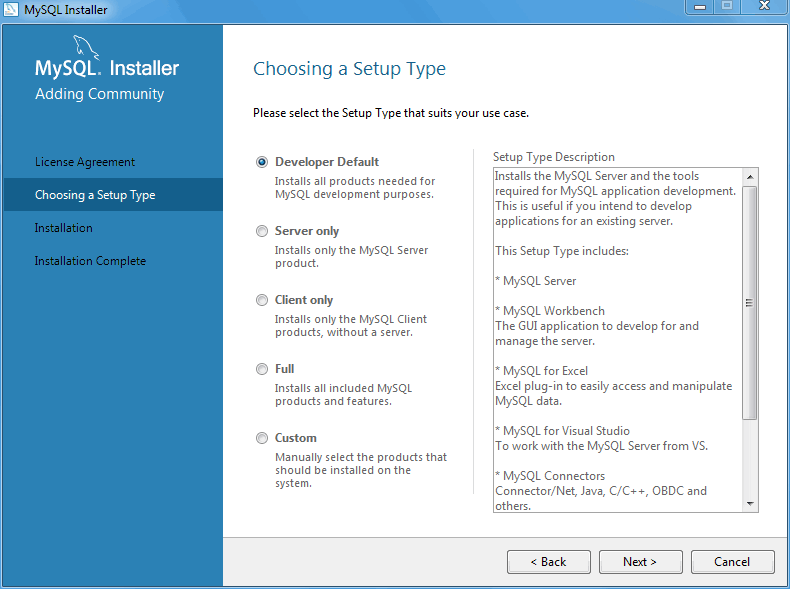 MySQL Installer - Choosing a Setup Type