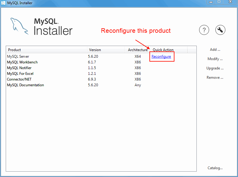 MySQL Installer - Reconfigure a MySQL Product