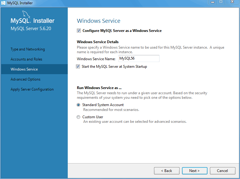 MySQL Installer - MySQL Server Configuration: Windows Service