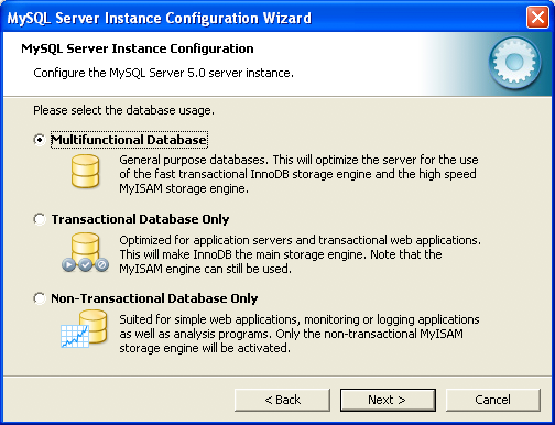 MySQL Server Instance Configuration Wizard: Usage Dialog